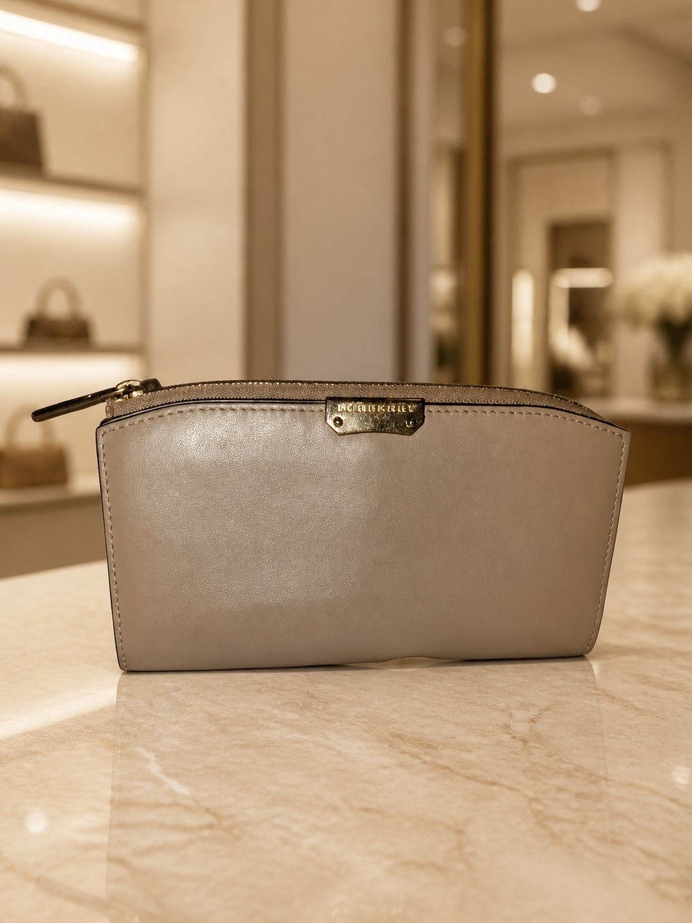 Burberry Taupe Leather Cosmetic Pouch with Gold Plaque